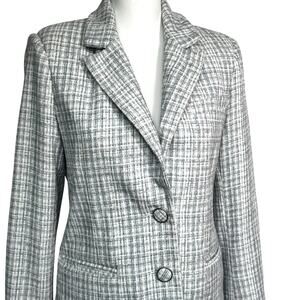 AVEC LES FILLES Women Small Blue White Tweed Preppy Academia Plaid Blazer Jacket